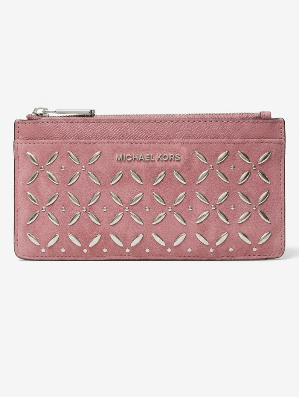Michael Kors Rose Pink Leather Zip Card Waller with Gold Tone Studs And Key Ring